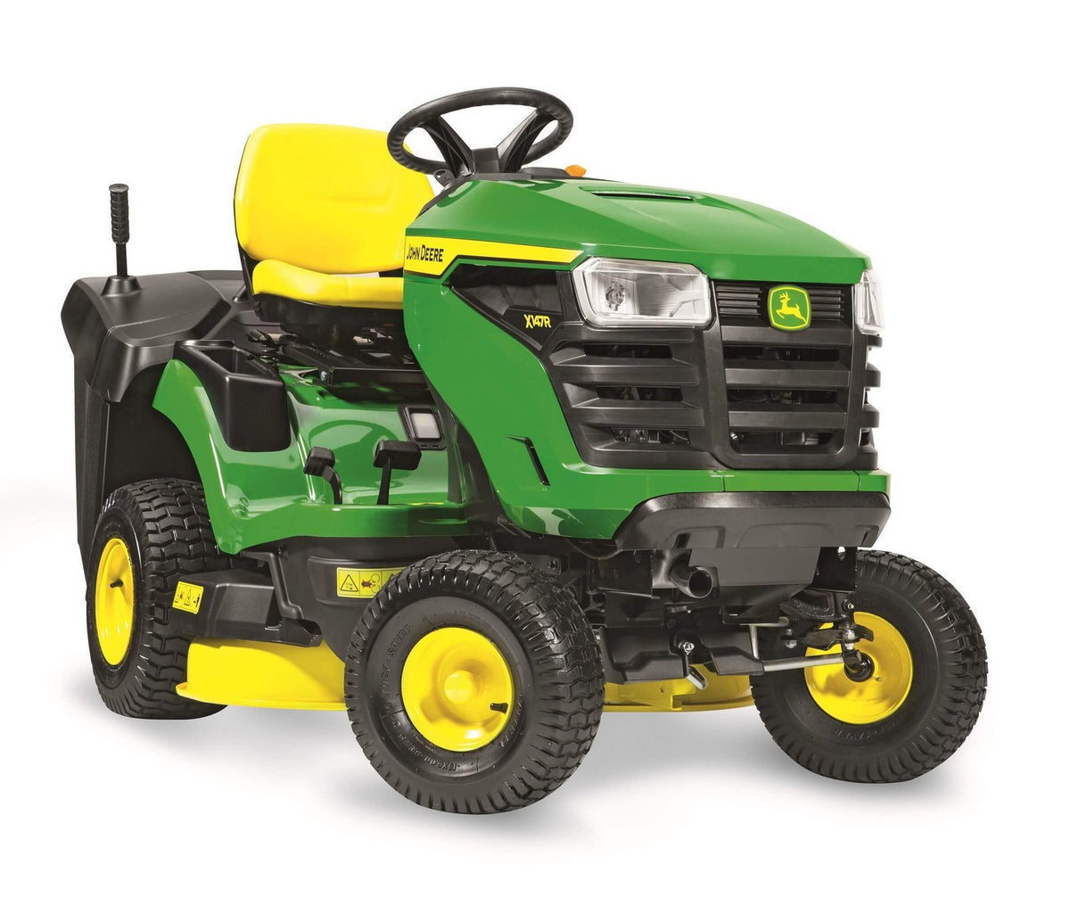 Trattore da giardino John Deere X147R con cassone posteriore da 300 litri