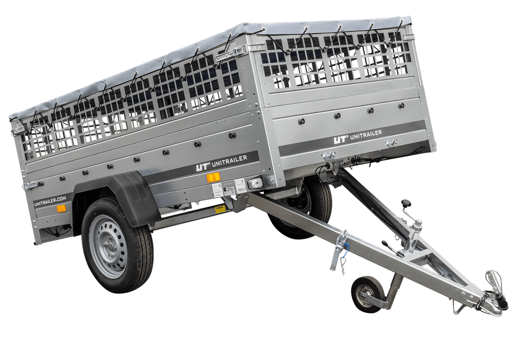 Rimorchio ribaltabile Unitrailer Garden Trailer 230 RIBALTABILE 230 × 125 cm, peso totale consentito 750 kg, pareti a griglia + telo piatto