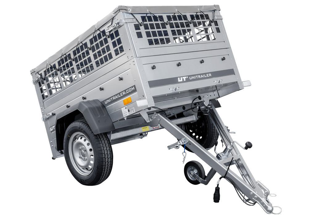 Rimorchio ribaltabile Unitrailer Garden Trailer 150 RIBALTABILE 150 × 106 cm, peso totale ammesso 750 kg, telo piatto grigio + ruota di supporto