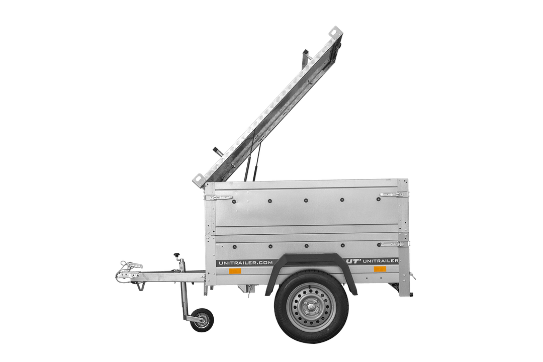 Rimorchio monocassa 150×106 Unitrailer Garden 150 RIBALTABILE con sponde aggiuntive e copertura in alluminio, peso totale consentito 750 kg