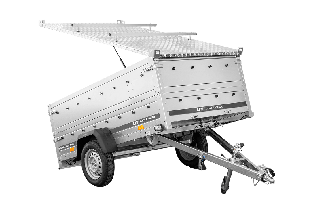 Rimorchio monodirezionale 230×125 Unitrailer Garden 230 RIBALTABILE con sponde BIS e copertura in alluminio, peso totale consentito 750 kg
