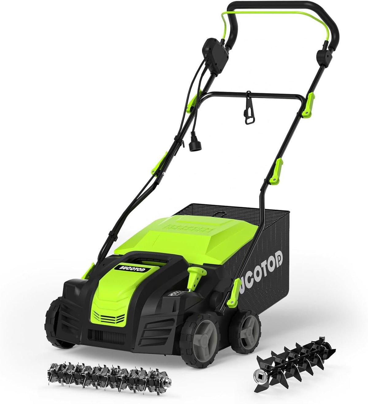 Scarificatore elettrico 2-in-1, 33 cm, con regolazione di profondità a 4 livelli e contenitore raccoglifoglie da 55 litri