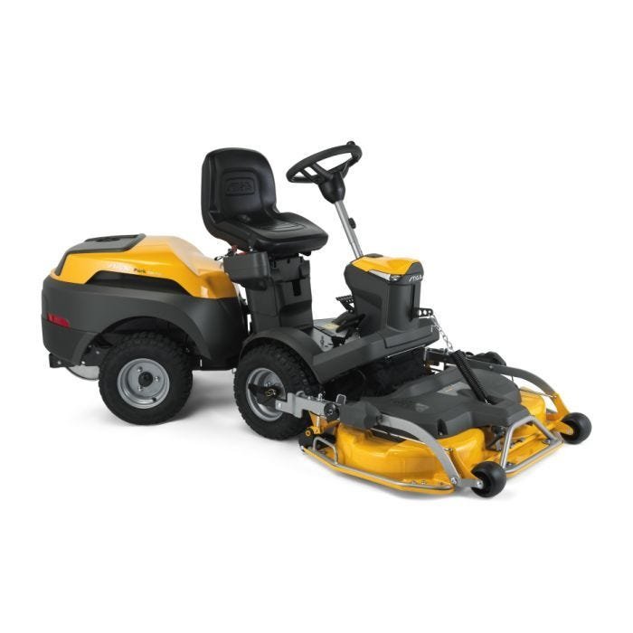 Tosaerba a motore a benzina con sedile con larghezza di taglio da 95 a 110 cm, sterzo articolato e motore bicilindrico da 586 cm³