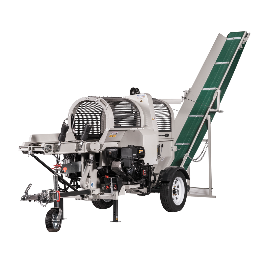 Impianto per spaccatura e segatura del legno Lumag SSA-400Z-HPRO/S con trasmissione a presa di forza e nastri trasportatori
